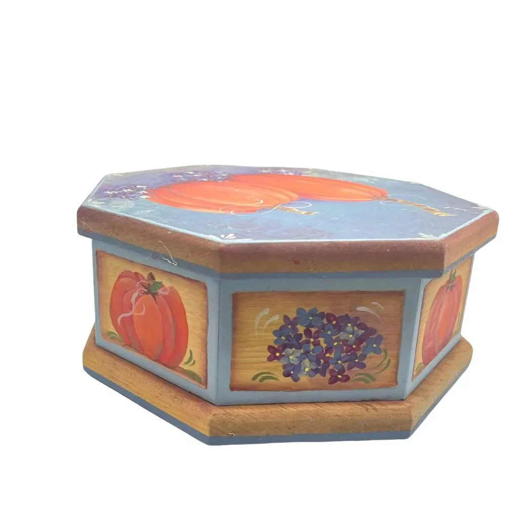 Pumpkin Painted Wooden Box Tole Paint Fall Harvest Thanksgiving Vintage Art